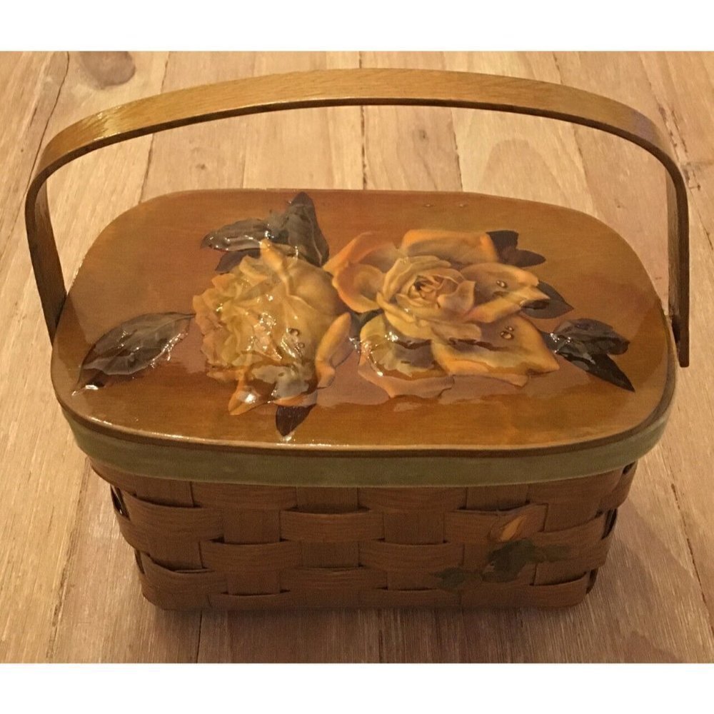 Vintage Wicker Wooden Bucket Box Purse Lined Lacquered Roses Hand-Painted Signed
